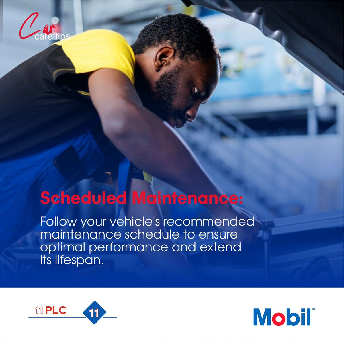 Stay on track with your vehicle's maintenance schedule! Regular tune-ups and checks can help prevent unexpected breakdowns, improve fuel efficiency, and extend the life of your car. Follow the recommended schedule and keep your vehicle running like new! 

#mobilinnigeria
