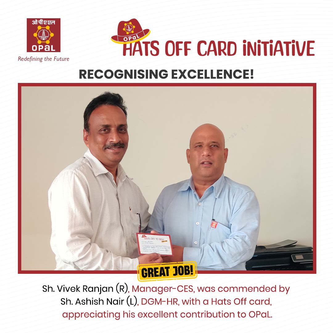 #HatsOffToYou
Recognising excellence!
Sh. Vivek Ranjan, was commended by Sh. Ashish Nair, for his successful effort in shifting a non-operational Mobile Tower (COW) weighing approximately 20 tons to the Non-Plant Area/Scrap Yard.

#EmployeeRecognition #Workplace #OPaL #OPaLians