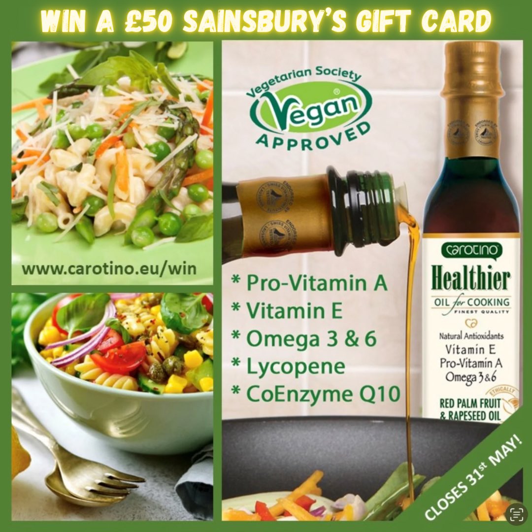 Our #Giveaway to #win a £50 Sainsbury’s gift card closes soon, so enter now for your chance to win with cholesterol-free, vitamin-rich Carotino Healthier Cooking Oil. Closes 31st May. Good luck! 🍀 carotino.eu/win #competition #giveawayalert #competitiontime #WinPrizes