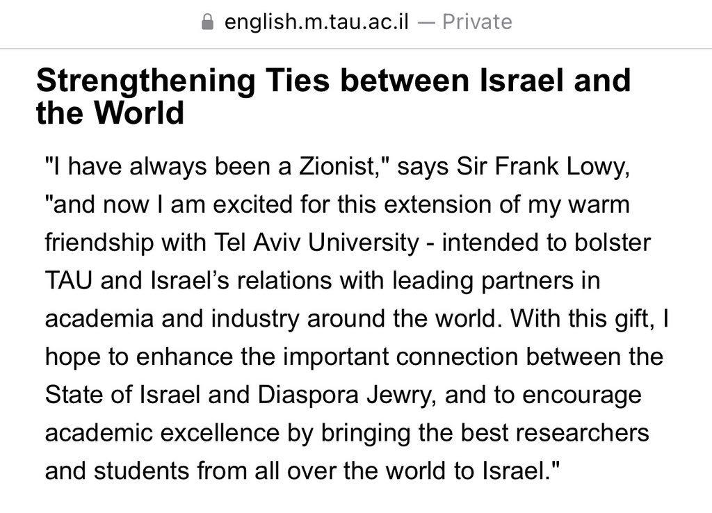 <a href="/NAFSA/">NAFSA</a> Tel Aviv University is sending reps from the Lowy International School— named after “Sir Frank Lowy” who himself participated in the Nakba with the Golani Brigades. He is a proud Zionist &amp; explicitly makes clear how TAU plays a key role in the Zionist project. #NAFSA2024
