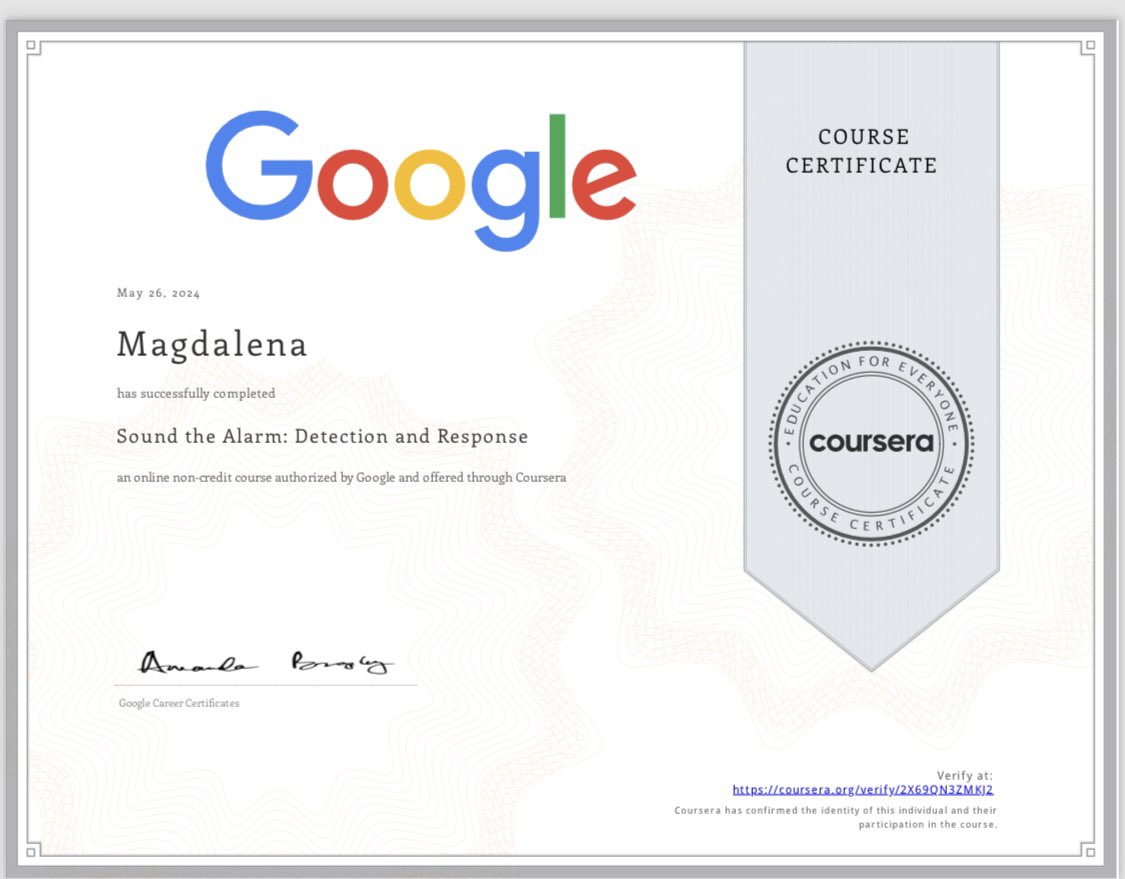 I finished the sixth course in the Google Cybersecurity Professional Certificate. 2 more courses to go. #GrowWithGoogle