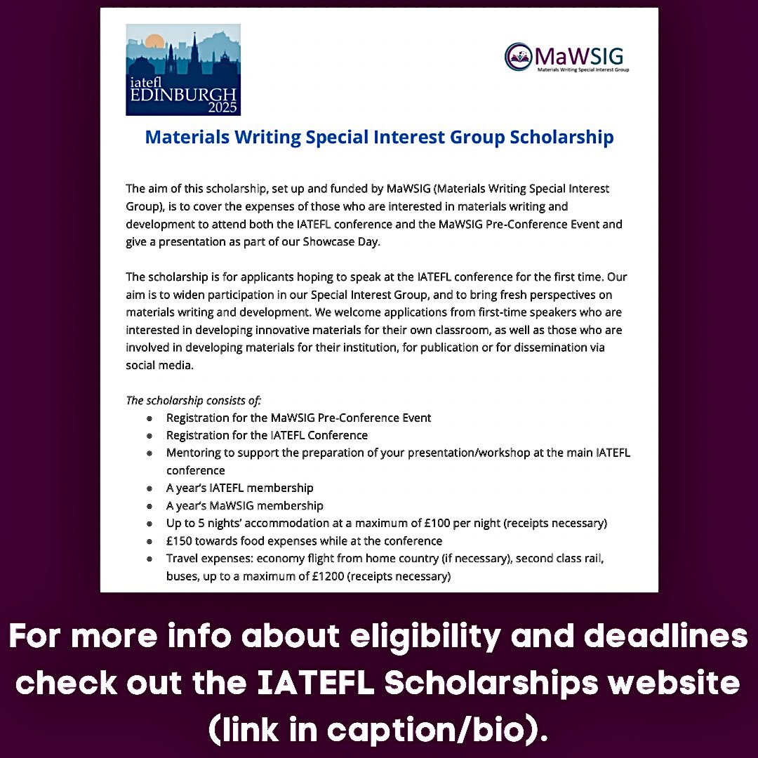 MaWSIG's tweet photo. IATEFL MaWSIG is thrilled to announce our very first scholarship to the 2025 IATEFL conference in Edinburgh. More info here: https://t.co/T9gKKZ3m5K
#MaWSIG #mawsigscholarship #iatefl #iatefl2025 #teflteacher #englishlanguageteaching #materialswriting https://t.co/DNEWyqervV