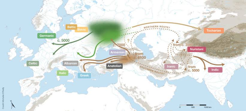 archeohistories's tweet photo. Indo-European languages are a language family native to the overwhelming majority of Europe, the Iranian plateau, and the northern Indian subcontinent. Some European languages of this family, English, French, Portuguese, Russian, Dutch, and Spanish, have expanded through colonialism in the modern period and are now spoken across several continents. The Indo-European family is divided into several branches or sub-families, of which there are eight groups with languages still alive today: Albanian, Armenian, Balto-Slavic, Celtic, Germanic, Hellenic, Indo-Iranian, and Italic; and another nine subdivisions that are now extinct.

Today, individual Indo-European languages with the most native speakers are English, Hindi–Urdu, Spanish, Bengali, French, Russian, Portuguese, German, and Punjabi, each with over 100 million native speakers; many others are small and in danger of extinction. In total, 46% of world's population (3.2 billion people) speaks an Indo-European language as a first language — by far the highest of any language family. There are about 445 living Indo-European languages, according to an estimate by Ethnologue, with over two-thirds (313) of them belonging to the Indo-Iranian branch.

All Indo-European languages are descended from a single prehistoric language, linguistically reconstructed as Proto-Indo-European, spoken sometime in the Neolithic to Early Bronze Age. The geographical location where it was spoken, the Proto-Indo-European homeland, has been the object of many competing hypotheses; the academic consensus supports the Kurgan hypothesis, which posits homeland to be Pontic–Caspian steppe in what is now Ukraine and southern Russia, associated with the Yamnaya culture and other related archaeological cultures during late 4th to early 3rd millennium BC. 

By the time, first written records appeared, Indo-European had already evolved into numerous languages spoken across much of Europe, South Asia, and part of Western Asia. Written evidence of Indo-European appeared during the Bronze Age in the form of Mycenaean Greek and Anatolian languages of Hittite and Luwian. The oldest records are isolated Hittite words and names — interspersed in texts that are otherwise in the unrelated Akkadian language, a Semitic language — found in texts of the Assyrian colony of Kültepe in eastern Anatolia dating to 20th Century BC. 

Although no older written records of original Proto-Indo-European population remain, some aspects of their culture and their religion can be reconstructed from later evidence in the daughter cultures. The Indo-European family is significant to the field of historical linguistics as it possesses the second-longest recorded history of any known family, after the Afroasiatic family in the form of the pre-Arab Egyptian language and the Semitic languages. Analysis of family relationships between the Indo-European languages and reconstruction of their common source, was central to the development of methodology of historical linguistics as an academic discipline in 19th Century.

The Indo-European family is not known to be linked to any other language family through any more distant genetic relationship, although several disputed proposals to that effect have been made. Kings and Generals animated historical documentary series on the ancient civilizations continues with a video on the evolution of the Indo-European Languages, as we give a summary of how this language family formed and how the languages belonging to each are still connected to each other.

© The Archaeologist

#archaeohistories