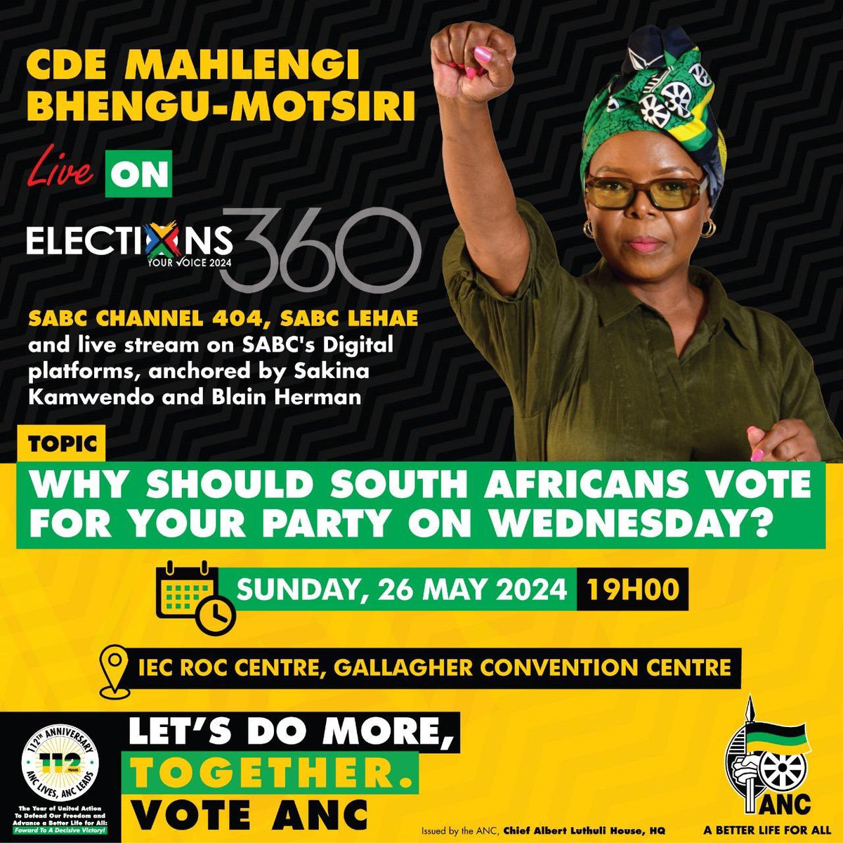 Today, our National Spokesperson, Comrade Mahlengi Bhengu-Motsiri will be live on Elections 360 at 19h00 on SABC Channel 404. Topic: Why should South Africans vote for your party on Wednesday, 29 May 2024? #VoteANC2024 #LetsDoMoreTogether