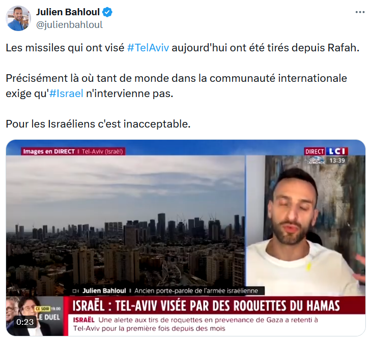 La France est le seul pays du monde où, depuis 8 mois, des soldats israéliens et des émissaires du gouvernement fasciste israélien sont invités TOUS LES JOURS en direct dans les médias pour justifier un génocide. Évidemment sans contradiction.