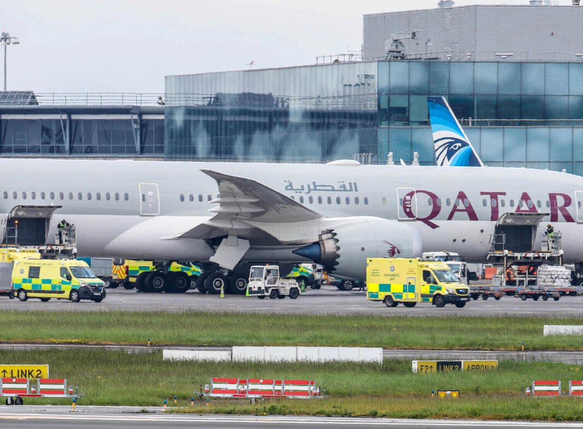 Qatar Airways flight QR017 from Doha to Dublin experienced turbulence while airborne over Turkey. It's been told that total 12 people ( 6 passengers 6 crew) reported injuries . Though upon landing, the aircraft was met by emergency services. #qatarairways #QR017