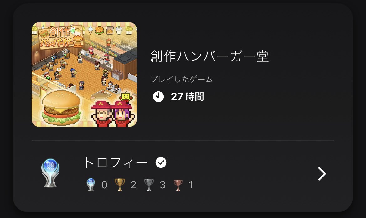 創作ハンバーガー堂 トロコン🏆

カイロくん来店の条件が分からず無駄に時間費やした…ゲーム内32年掛かりました、後半になれば楽と言う事はなく人件費や維持費の高騰がめちゃくちゃシビアだった！
遊んでる最中はずっとハンバーガー食べたくてしょうがない、夜中に遊ぶには飯テロ過ぎるゲーム🍔🧡