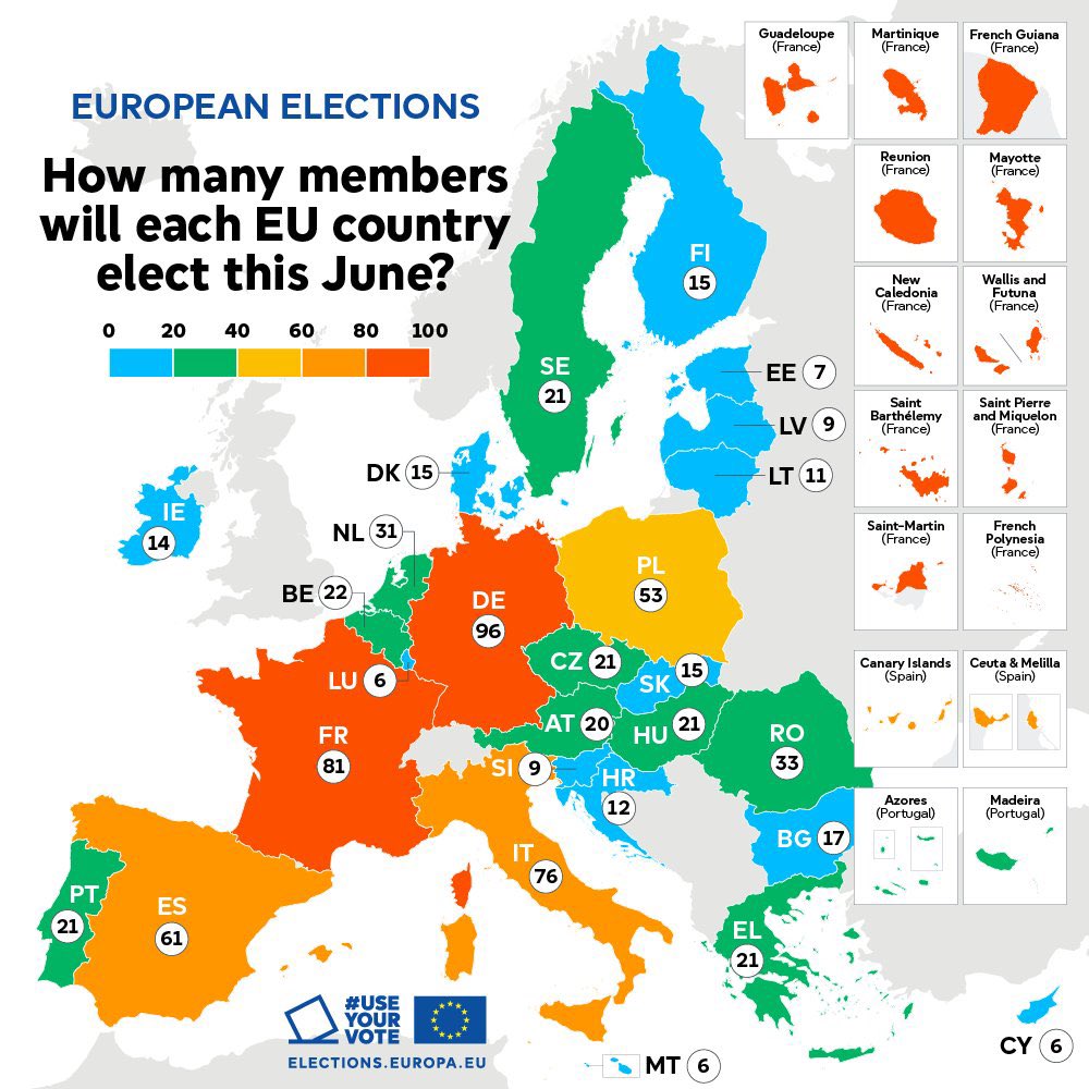 ❓ How many members of the @Europarl_EN will your country elect this June? Make sure you #UseYourVote on the candidates you want in the #EUelections2024 on 6-9 June. Sign up for voting reminders here: elections.europa.eu/en/use-your-vo…