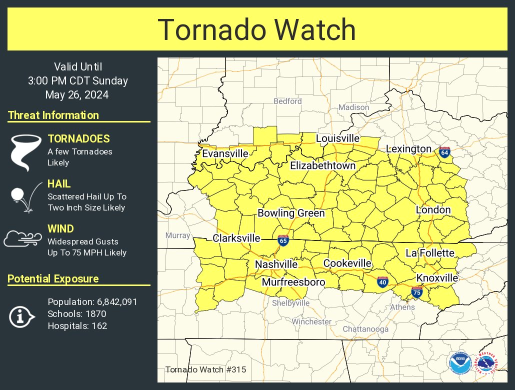 A tornado watch has been issued for parts of Indiana, Kentucky and Tennessee until 3 PM CDT