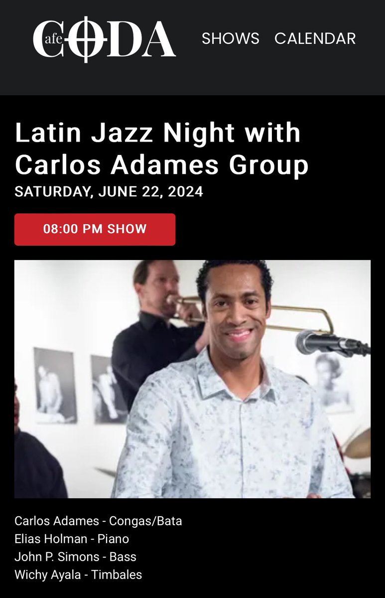 Looking forward to performing once again at @CafeCodaMadison on June 22nd. 8pm!

cafe-coda.turntabletickets.com/shows/3306/?da…

#thecarlosadamesgroup #cafecodamadison #livemusic #originalmusic #latinjazz #places #jazzinmadison #jazzlatino #vamo #tocapercussion #remopercussion #regaltip #saludacymbals