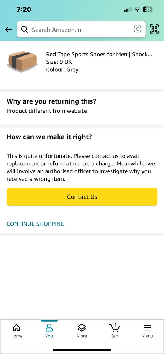 ghatiki's tweet photo. @amazonIN @AmazonHelp I’ve received a wrong item for my order and I’m unable to return it. Once I mention proper response, it says contact us, and it redirects to chatbot. Chatbot does nothing but ask same questions and shows contact us screen. Please look into this. https://t.co/XCVuODO4ax