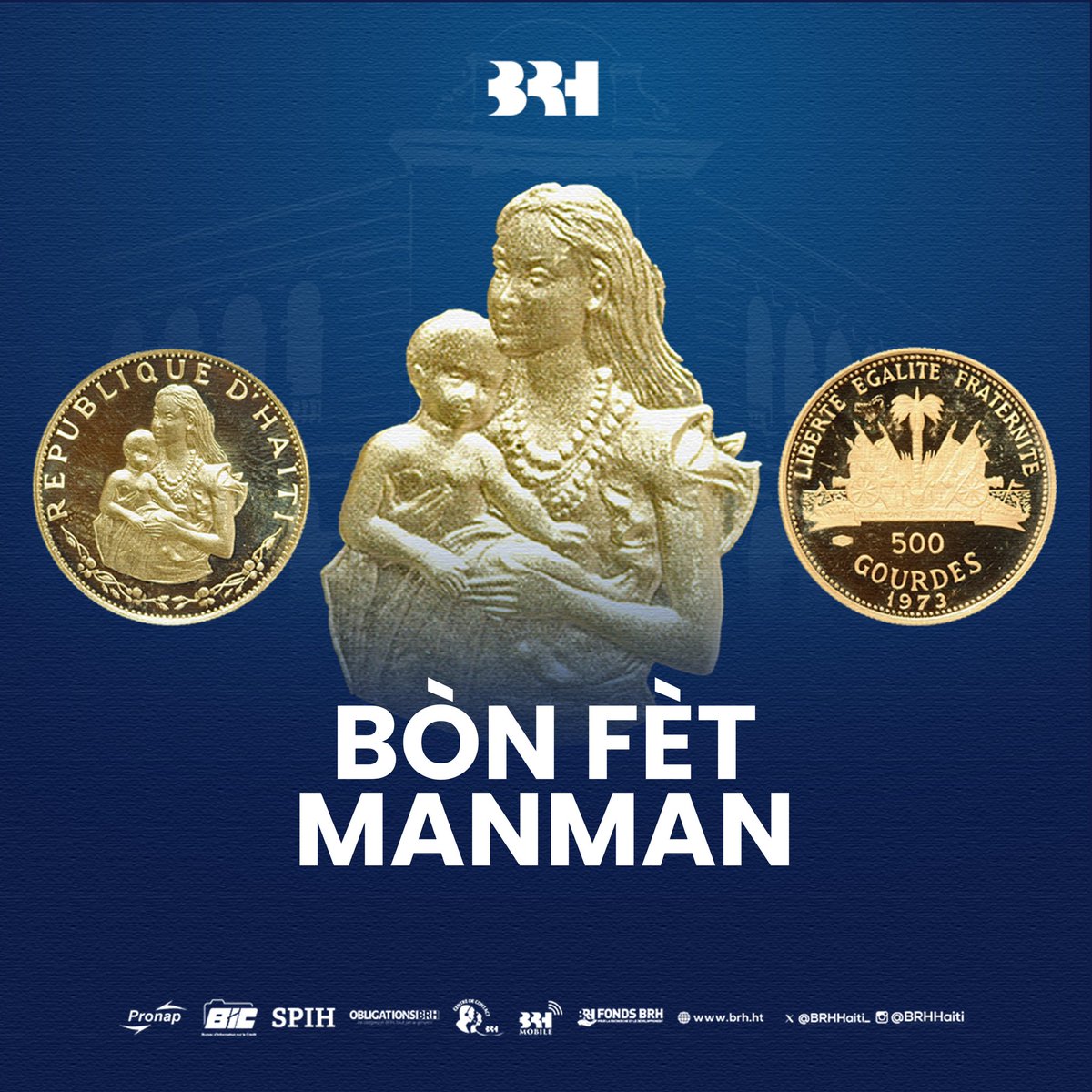 BRHHaiti_'s tweet photo. Jodi a, nou ap onore tout manman ayisyèn yo ak yon pyès koleksyon espesyal an lò, ki frape nan lane 1973 epi ki batize “Manman ak Pitit.” Pyès sa a reprezante lanmou ak devouman yon manman pou pitit li.

Avèk li, nou vle salye tout manman ki travay san pran souf pou fè levasyon pitit yo. Konsa, nou remèsye yo pou kontribisyon yo bay chak jou nan kontriksyon peyi Dayiti.

#fètmanman #brhhaiti
#muséedelamonnaiebrh