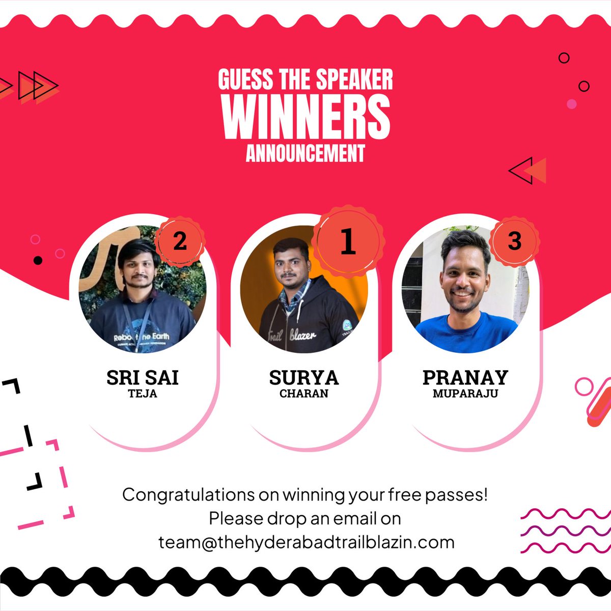 Hyderabad Trailblazin': Guess the Speakers Winners Announcement.

Congratulations Surya Charan, Sri Sai Teja, and PRANAY MUPPARAJU for winning the Guess The Speakers Quiz 1,2, and 3.

1/🧵