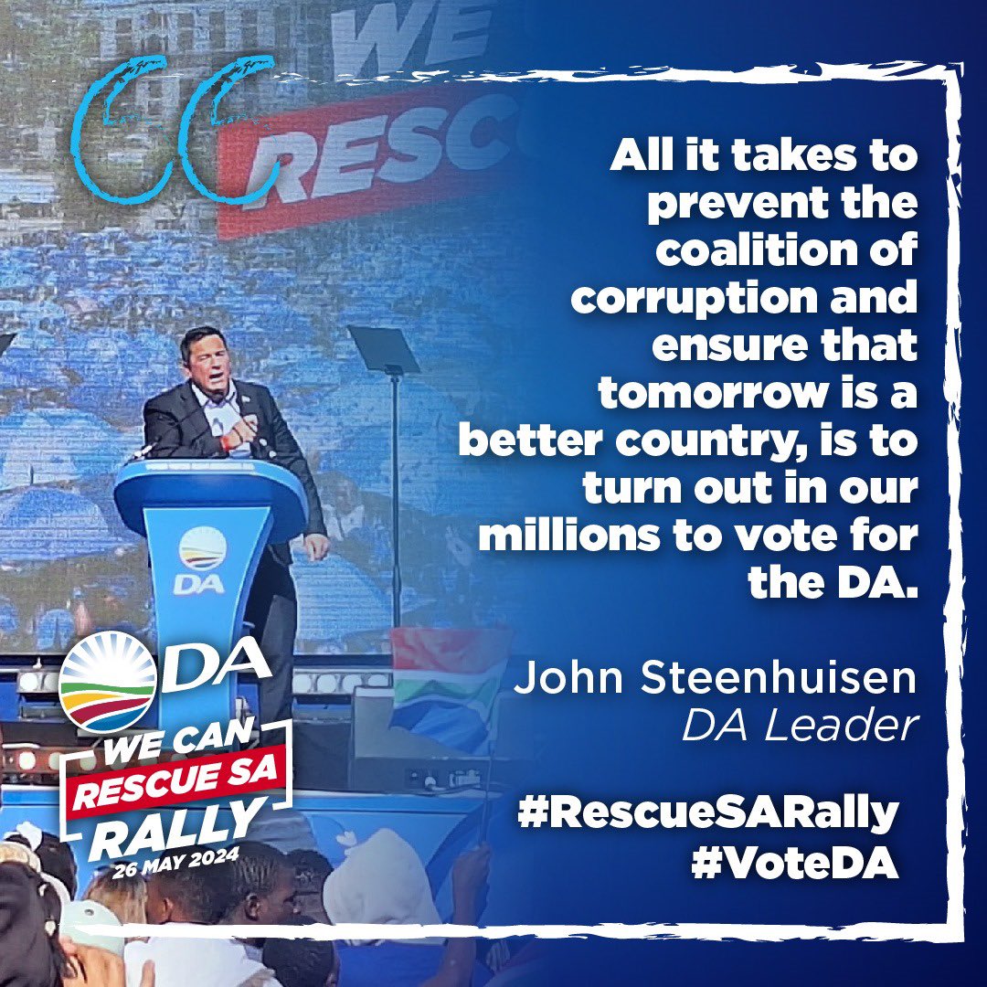 Our_DA's tweet image. 🚨The time to rescue South Africa is NOW! We can - and we will - Rescue South Africa when all our DA supporters head to the polls next week. DA Leader John Steenhuisen delivers our final rally cry to thousands of DA supporters. #RescueSARally #VoteDA
