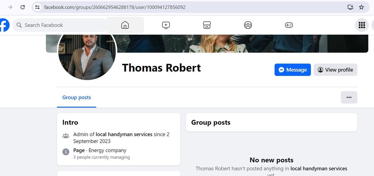 Local Handyman Services Facebook group Hacked and Stolen 🚨 buff.ly/44RGBr4 by controller of fake page Thomas Robert 
 #GroupAlert #StolenGroup" @meta <a href="/facebook/">Facebook</a>  - DM or comment with info on FB scams/thefts you know about