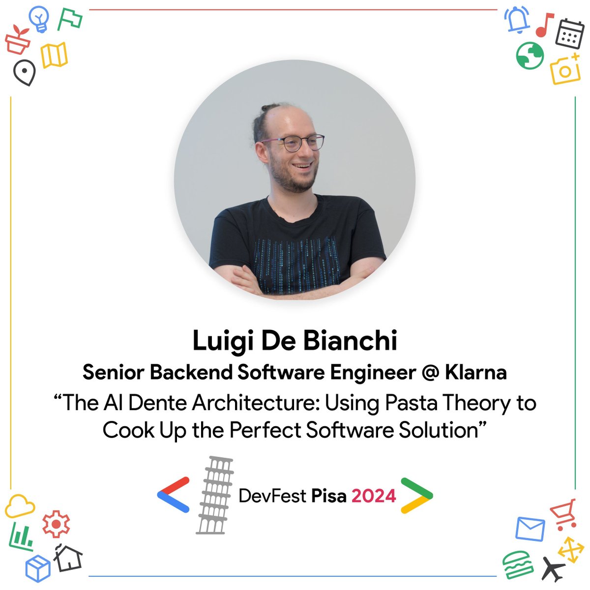 Heyla developers! 🚀
We are thrilled to introduce Luigi De Bianchi as a speaker at DevFest Pisa 2024! 😍
If you haven’t gotten your ticket yet, hurry up! We are waiting for you. 🥰
Get your tickets for free: buff.ly/2thmu4F 🎟️
#devfestpisa2024 #pisa #gdgpisa #wtmpisa