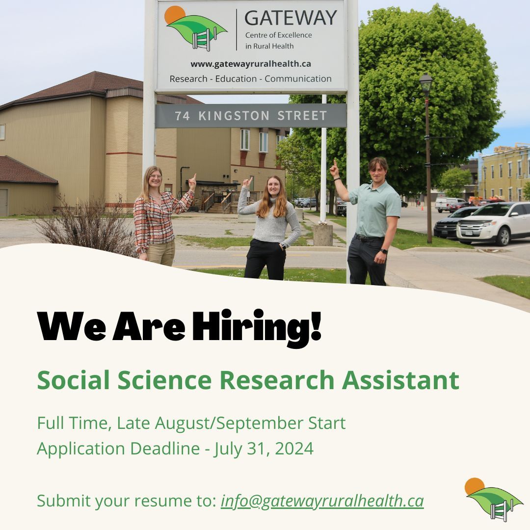 Gateway CERH is looking for an enthusiastic and hardworking individual to join our team this Fall! If this sounds like you or someone you know, please send your resume to info@gatewayruralhealth.ca #hiring #huroncounty #researchassistant