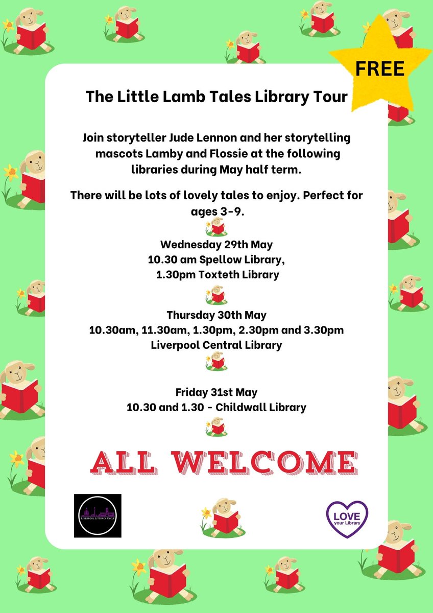 Don't forget our FREE storytelling sessions with @Littlelambtales are back in libraries across Liverpool this week. @Liverpoollib @Lpoolcentlib #SpellowLibrary #ToxtethLibrary #ChildwallLibrary #CentralLibrary #LoveYourLibrary @bpinfant @rudstonprimary #LivLitCycle