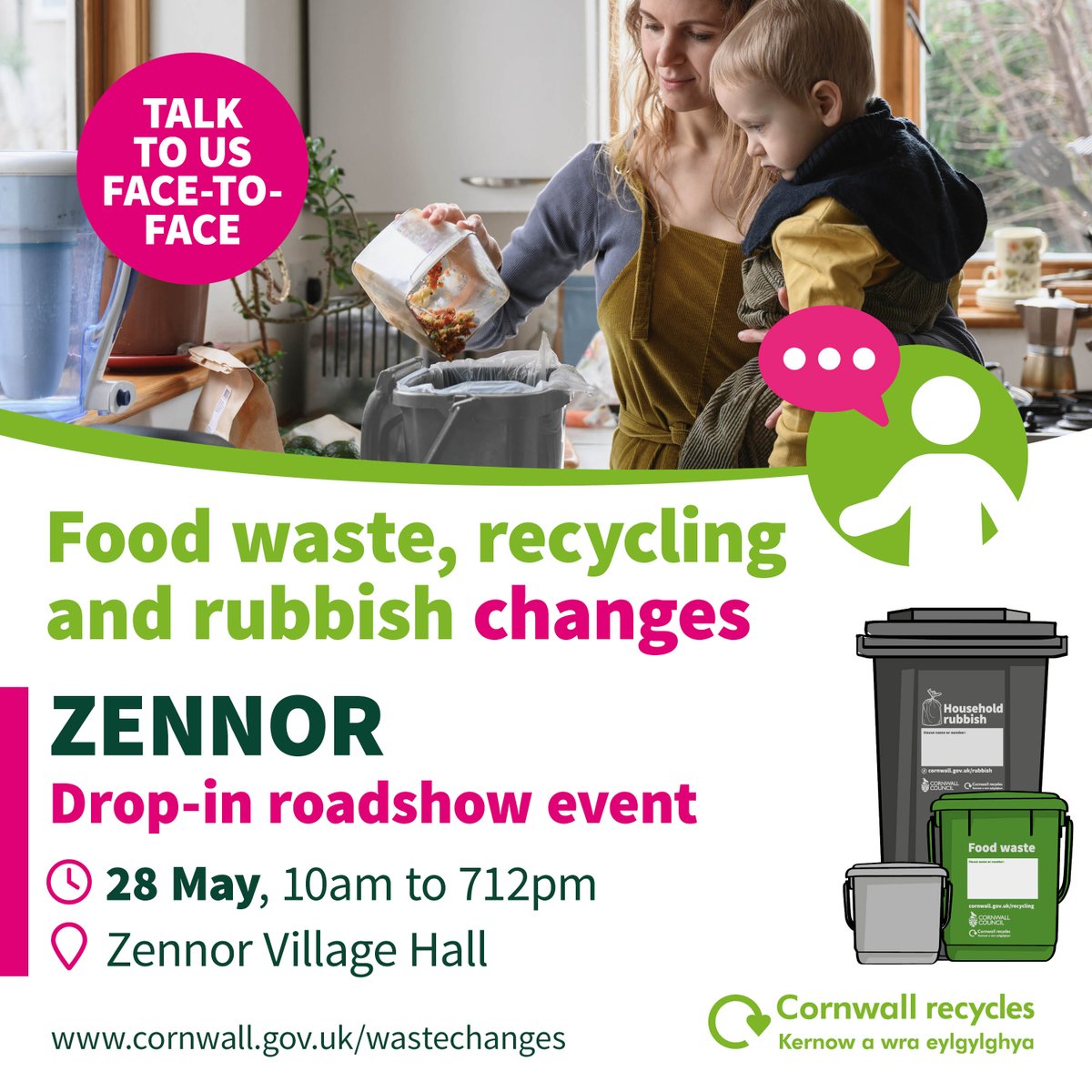 📢 Waste and recycling drop-in roadshow event in Zennor! Come along to hear more about the changes to food waste, recycling and rubbish services. 🗓️ Tuesday, May 28 ⏰ 10am-2pm 📍 Zennor Village Hall, TR26 3BY.