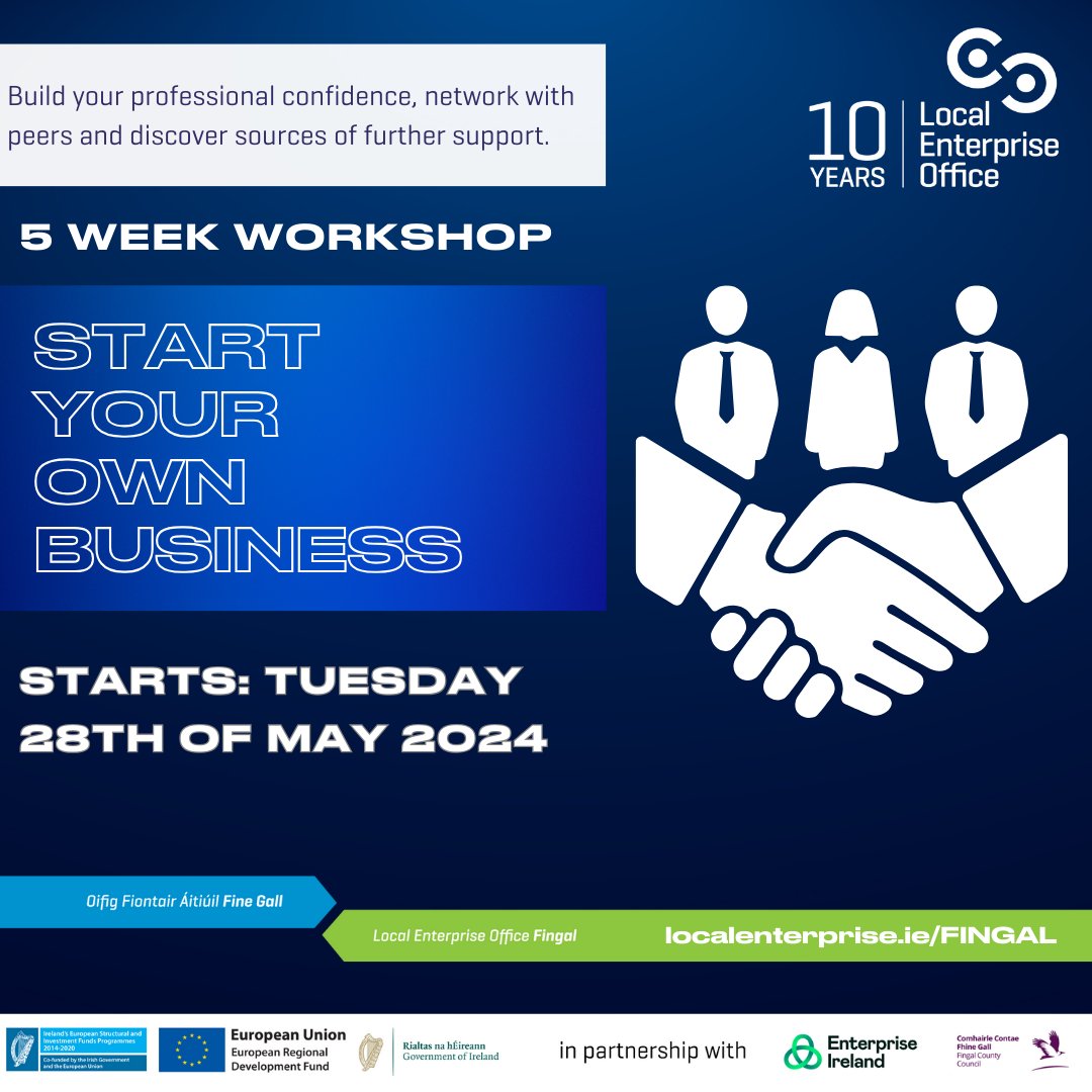 Ever wanted to start your own business? Join us from the 28th of May to learn how. Build your professional confidence, network with peers and find sources of further support. Find out more at: localenterprise.ie/Fingal/Trainin… @fingalcoco