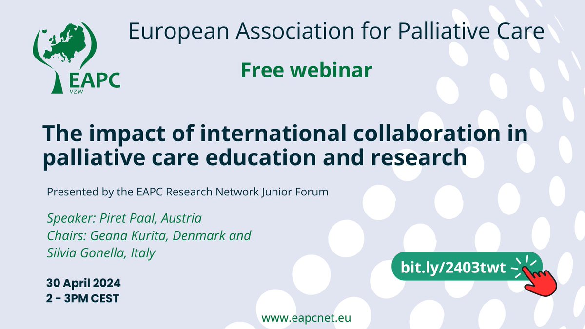 Free #EAPCWebinar: The impact of international collaboration in palliative care education and research, with speaker Piret Paal. Organised by the EAPC Research Network Junior Forum. 30 April 2024, 2pm CEST. Register: bit.ly/2403twt