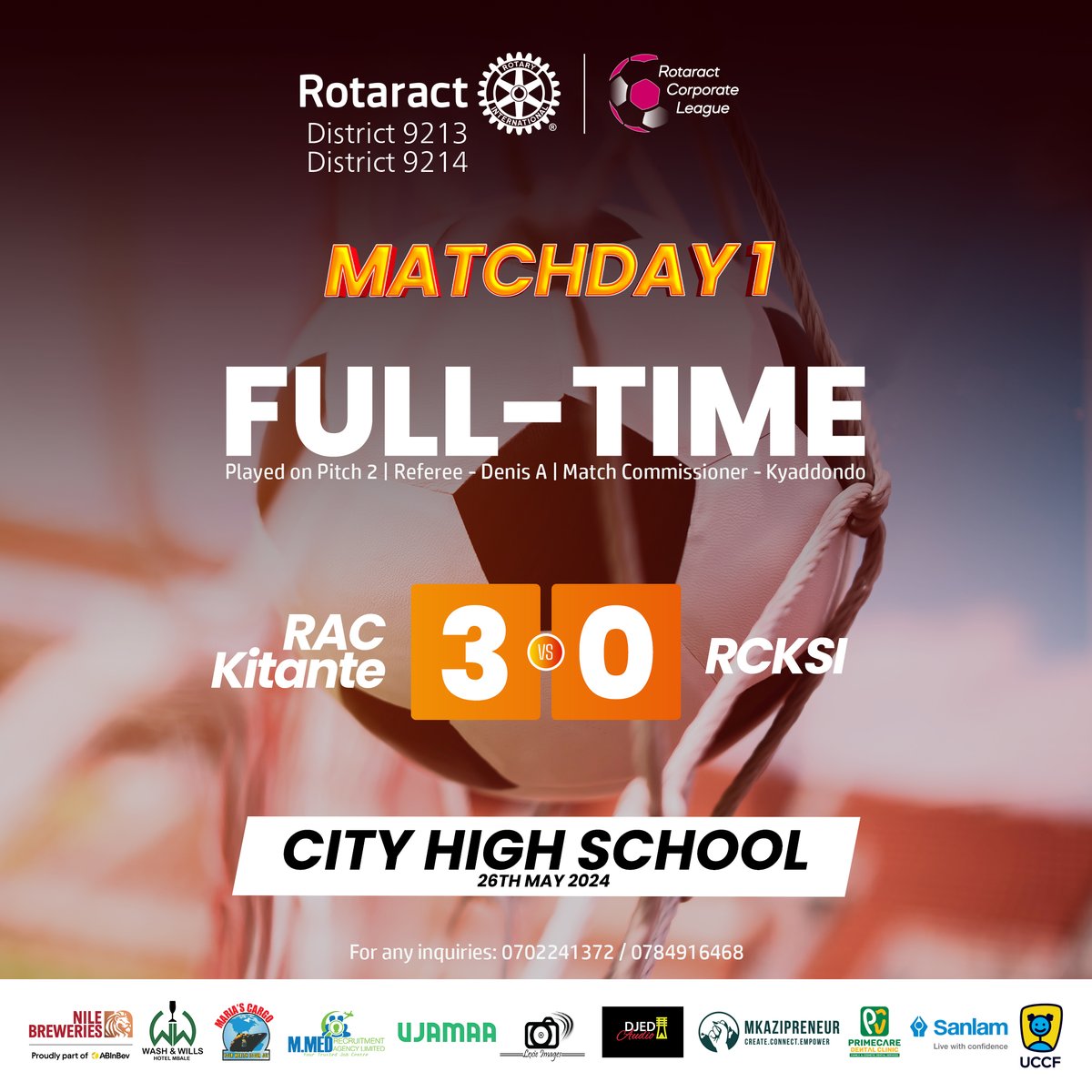 RotaractLeague's tweet photo. More results ⏳

BT One 5-0 Intentional Presidents
RAC Kitante 3-0 RCKSI
Intentional Presidents 0-9 RAC Gayaza Football
Service Corps LTD 2-3 BT One

#RCLI | #RotaractUgLeague | #StrongerTogether https://t.co/fIPX0XaPpL
