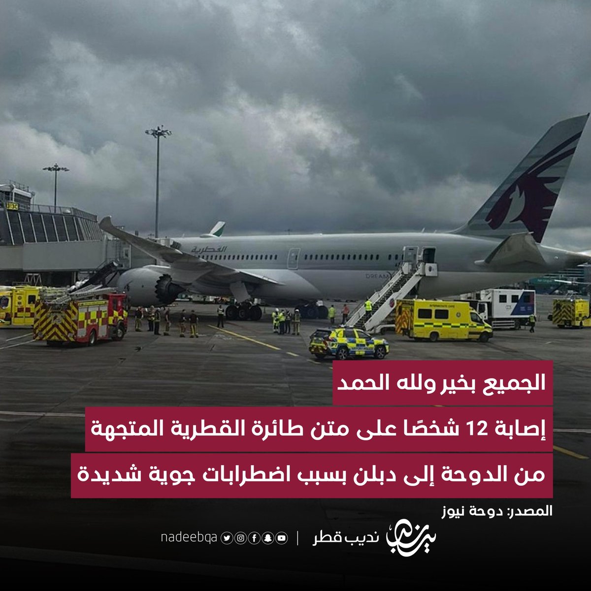 NadeebQa's tweet photo. اللهم لك الحمد على سلامة الجميع 🤲🏻

إصابة 12 شخصا "6 ركاب و6 من أفراد الطاقم" على متن طائرة الخطوط القطرية QR017 المتجهة من الدوحة 🇶🇦 إلى دبلن 🇮🇪 بسبب اضطرابات جوية فوق الأراضي التركية

- دوحة نيوز | #نديب_قطر | #قطر 🇶🇦 https://t.co/AwResISCsB