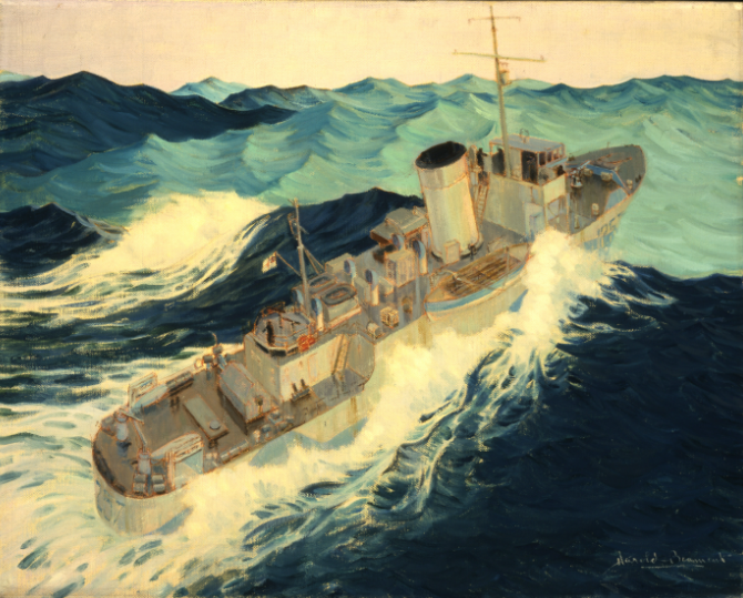 Minesweeper in Heavy Seas
Painted by Harold Beament 
Beaverbrook Collection of War Art
CWM 19710261-1038

#SecondWorldWar #NavalHistory #RoyalCanadianNavy #WWII