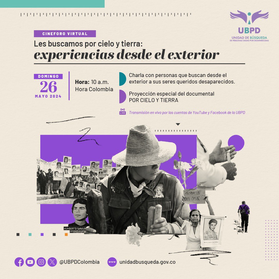 #EnMinutos 

Cineforo virtual: 'Les buscamos #PorCieloYTierra: experiencias desde el exterior', en el marco de la Semana Internacional del Detenido Desaparecido.

🗓️ 10 a.m. (Hora Colombia 🇨🇴)
▶️ En vivo
🔴 youtube.com/watch?v=cftjf1…
🔵 facebook.com/UBPDcolombia

#AbrazaLaBúsqueda