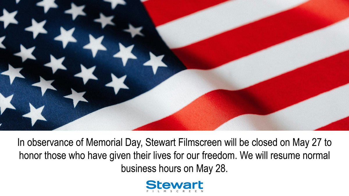 Our Stewart Filmscreen Family will be taking the day off Monday May 27th in observance of the Memorial Day holiday. We will be back to serve you on Tuesday May 28th. #memorialday #neverforget