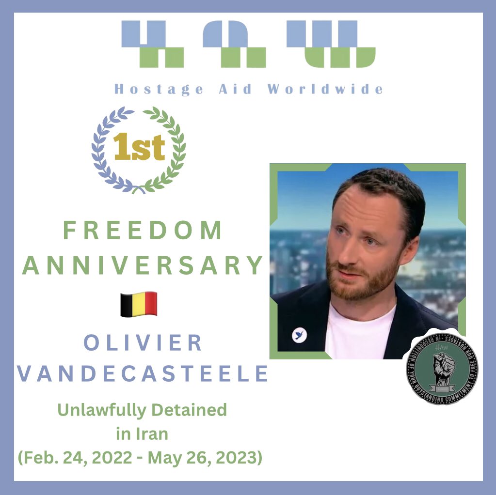 Today marks the 1st freedom anniversary of 🇧🇪 humanitarian Olivier Vandecasteele. Olivier was unlawfully detained in #Iran in Feb. 24, 2022 & thankfully released on May 26, 2023 after 456 days. We are grateful for Olivier’s freedom & applaud his commitment to helping those who