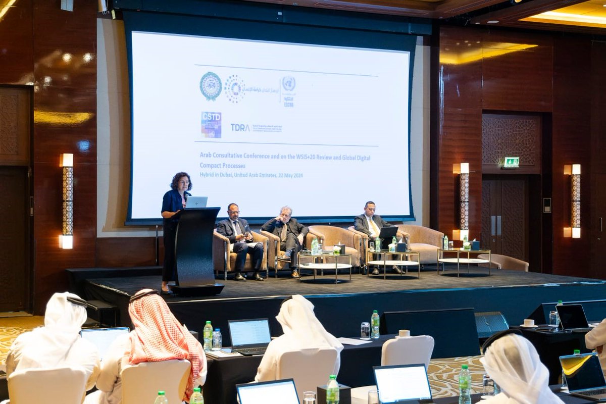 During 'Arab Consultative Conference on the World Summit on Information Society #WSIS+20 Review & Global Digital Compact #GDC Processes', May Hani, FAO Senior Program Officer, highlights important role of lead facilitators & co-facilitators of WSIS process including FAO as lead.