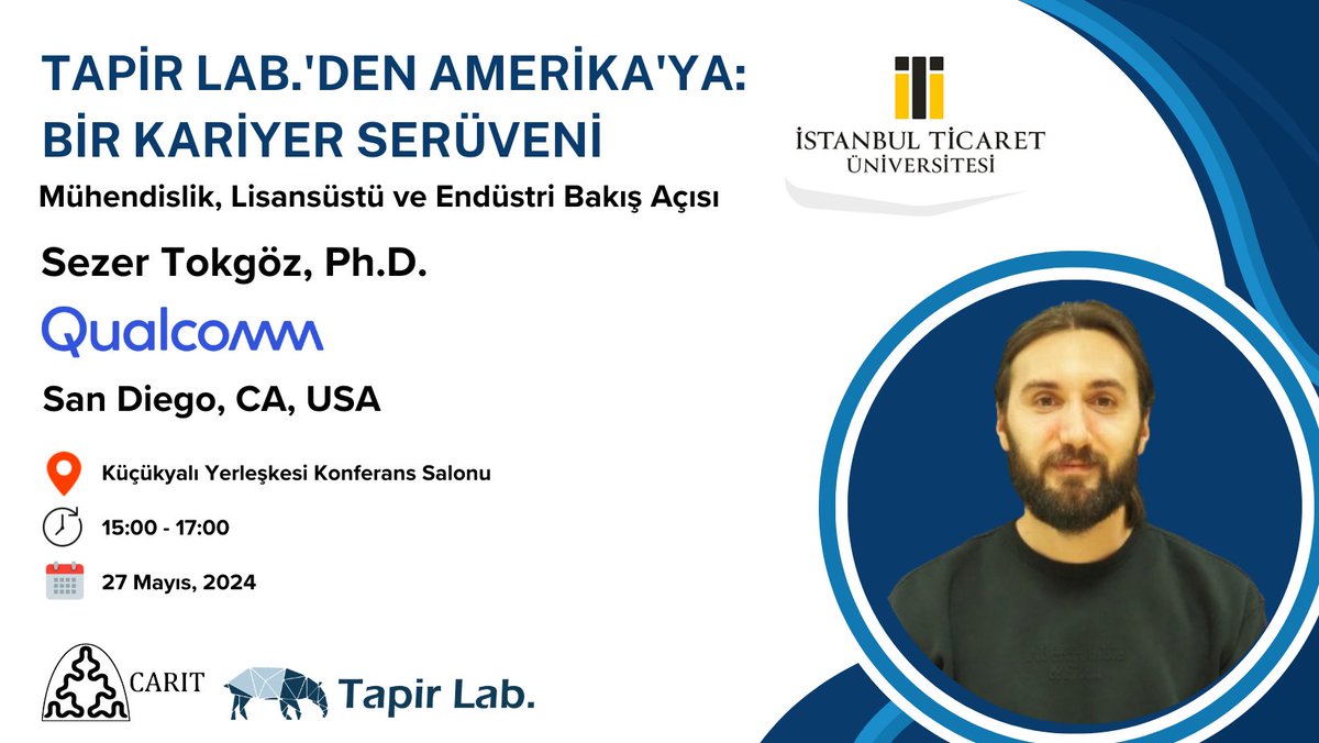 Sezer Tokgöz’ün katılımıyla “TAPİR Lab.'den Amerika’ya: Bir Kariyer Serüveni” 27 Mayıs Pazartesi günü 15.00’da Küçükyalı Yerleşkesinde!