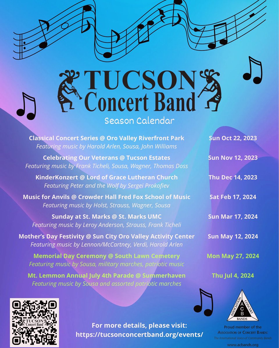 Two more concerts in the season! One of them is TOMORROW!!!

#tucsonconcertband #music #lovemusic #localmusic #localtucson #tucsonlocal #tucsonmusic #tucson #ThisIsTucson #ThingsToDoInTucson #concert #performance #MemorialDay #FourthOfJuly #BandsofACB