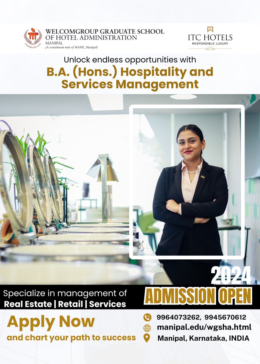 Join B.A. in #Hospitality & Services Management (Honours) Degree Programme! Elevate your career in the dynamic world of hospitality with specialized concentrations in Real Estate, Retail Management, and Services Management.

Apply - manipal.edu/wgsha/program-…

#admissionsopen #wgsha