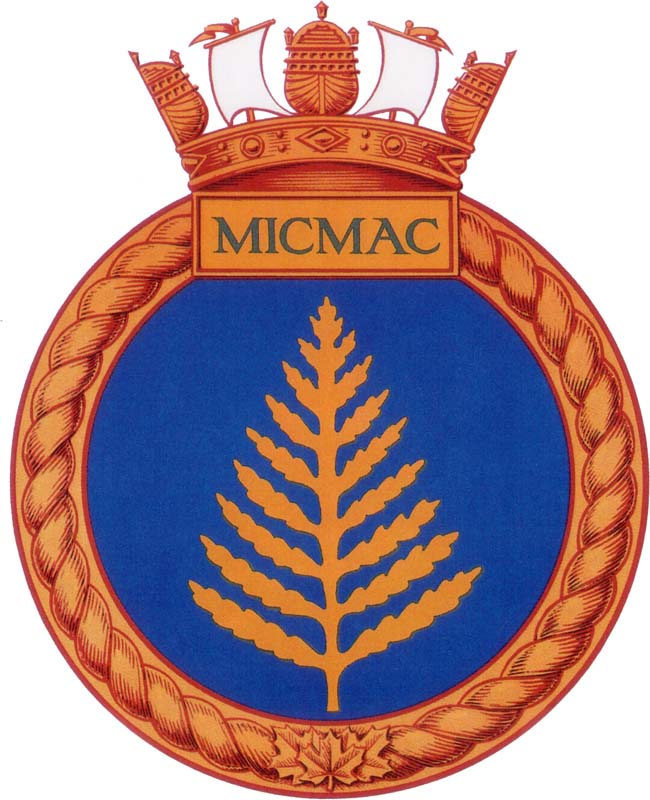 Badge of the Day HMCS MICMAC: Blazon: Azure, a fern erect or. readyayeready.com/badges/pages/m…