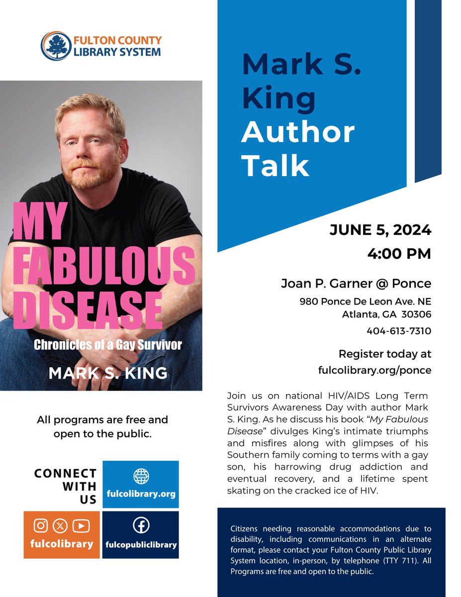 Hey #ATL peeps! Join me for 'Author Talk' on National #HIV #AIDS Long-Term Survivor Day on June 5th at 4pm, sponsored by @fulcolibrary #HLTSAD Registration suggested but not required at fulcolibrary.org/ponce
