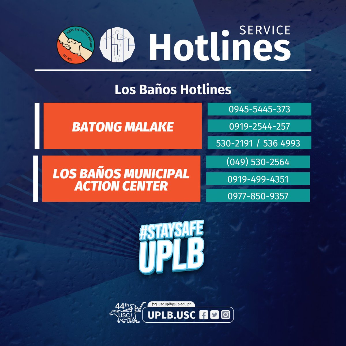 stpbuplb's tweet photo. ☎️ 𝐄𝐌𝐄𝐑𝐆𝐄𝐍𝐂𝐘 𝐇𝐎𝐓𝐋𝐈𝐍𝐄𝐒 ☎️  #AghonPH
Narito ang ilang emergency hotlines na maaaring tawagan sa panahon ng pangangailangan:  
  
📞 𝙎𝙩𝙪𝙙𝙚𝙣𝙩-𝙡𝙚𝙙 𝙃𝙤𝙩𝙡𝙞𝙣𝙚𝙨  
𝗦𝗲𝗿𝘃𝗲 𝘁𝗵𝗲 𝗣𝗲𝗼𝗽𝗹𝗲 𝗕𝗿𝗶𝗴𝗮𝗱𝗲 𝗨𝗣𝗟𝗕  
0997-846-1164 https://t.co/iplA1U3H50