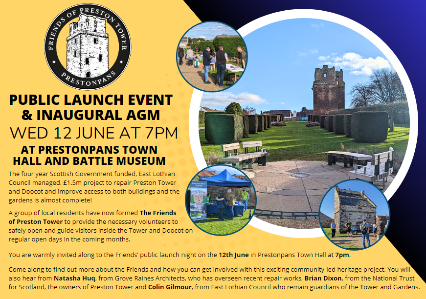 The new Friends of Preston Tower group are having a public launch on the 12 June at 7pm in Prestonpans Town Hall, hosted by @Prestonpans1745. There will be updates on the Preston Tower repair project from reps from @GrovesRaines, @ELCouncil and @N_T_S. Do go along if you can.
