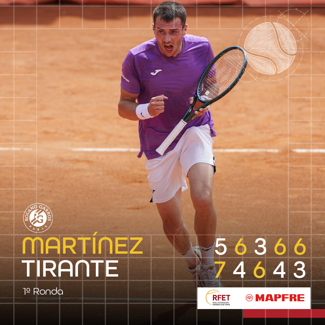 𝐁𝐚𝐭𝐚𝐥𝐥𝐚 𝐬𝐮𝐩𝐞𝐫𝐚𝐝𝐚 💪🏻 Tras casi 4 horas de partido, @PedroMPortero ha ganado a Thiago Agustin Tirante en el primer partido a 5 sets de #RG24