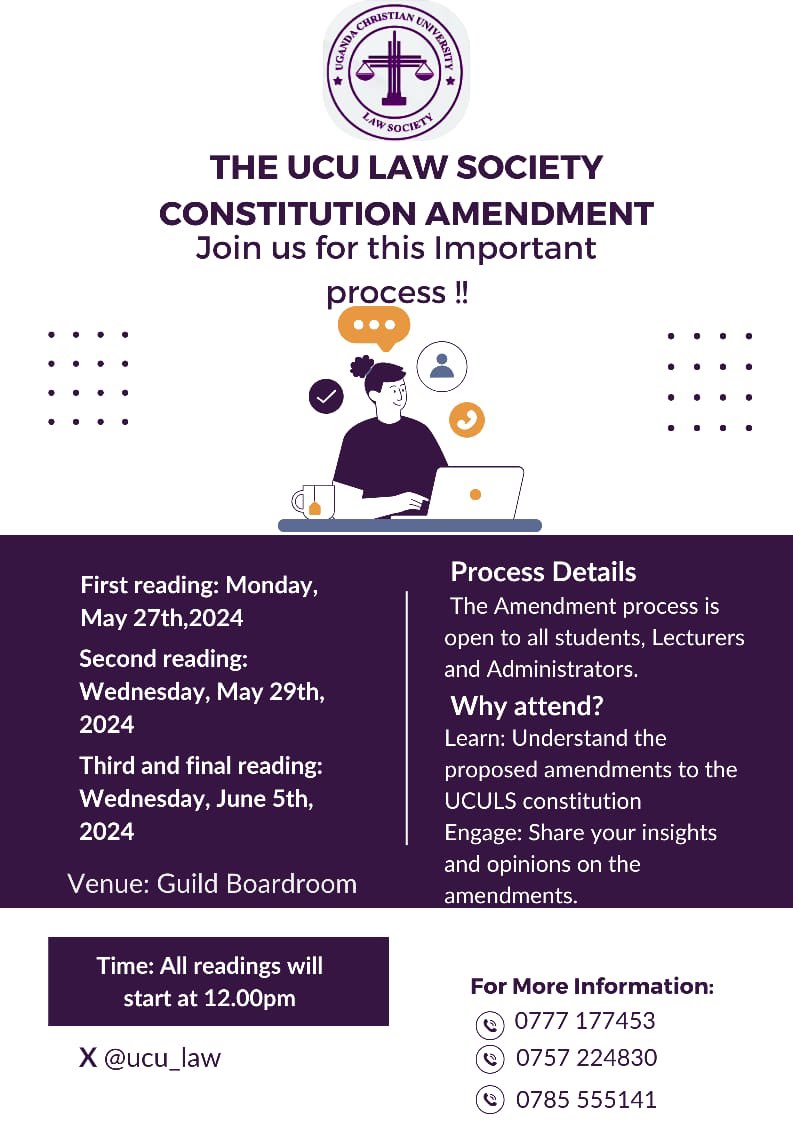 UCULSLawCouncil's tweet photo. The process of amendment starts tomorrow, we encourage all the UCU law students to come and take part as this is to enable the society server you better. https://t.co/tOzrwVHkTk