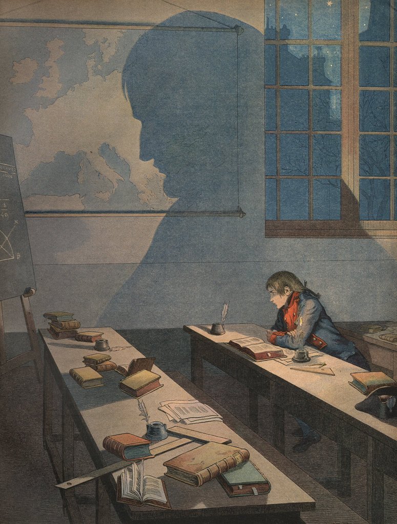 2. Napoleon Bonaparte studying at the military academy. Notice how this lithograph by Jacques de Bréville depicts the young French emperor devouring books, while the shadow of his future self looms over Europe, blending seamlessly with the city's silhouette outside the window.
