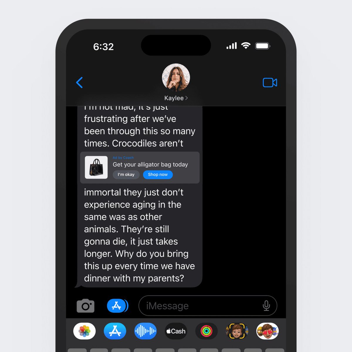 iMessage banner ads inside the message that dynamically update based on message content