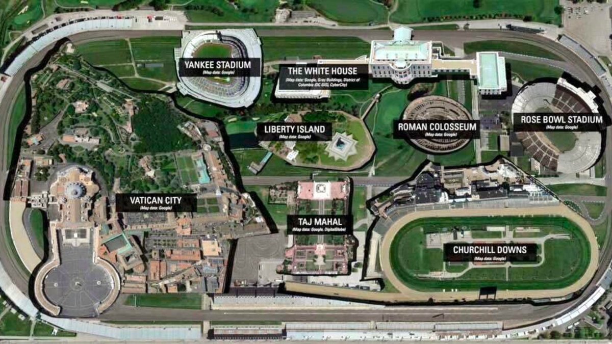 Indianapolis Motor Speedway is so big that it could fit:

• Churchill Downs
• Yankee Stadium
• Rose Bowl
• Taj Mahal
• The White House
• Liberty Island
• Roman Colosseum
• Vatican City

And at 300,000+ people, the Indy 500 is the world's biggest single-day sporting event.