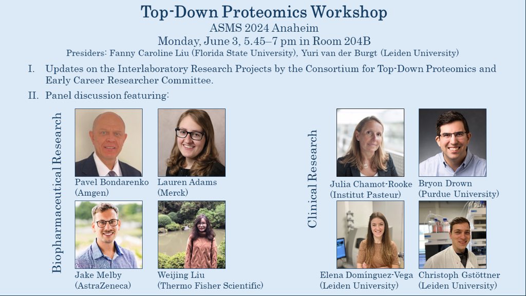 Check out the panelist line up for the Top-Down Proteomics workshop at #ASMS2024 on Monday, June 3, 5.45-7 pm.

This workshop includes panel discussions with scientists from Clinical Research and Biopharmaceutical industry.

Questions can be submitted in advance to the presiders
