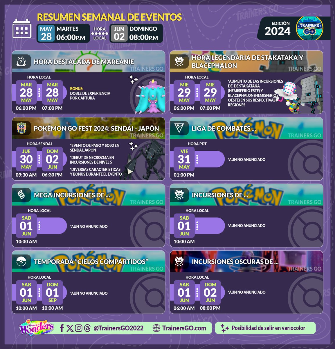 🥳Trainers, ahí les dejamos la infografía de la lista de eventos para la semana que viene en #PokemonGO.   

▶️Aquí pueden ver más eventos:        
trainersgo.com/events/ 

#pokemongoapp #niantic #pgsharp #TimelessTravels #trainersgo #worldofwonders