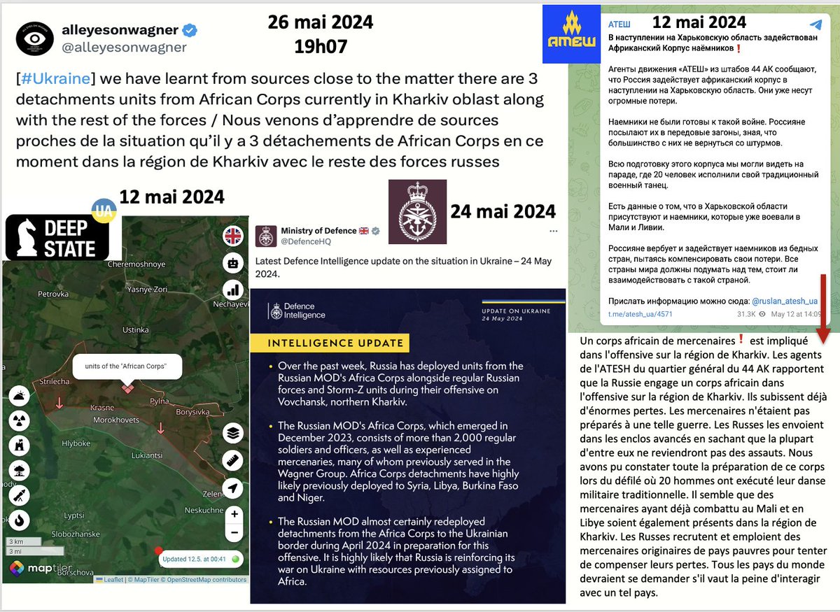 #HGGSP Présence de mercenaires de l'Africa Corps (ex-Wagner) ds la région de Kharkiv et certainemt venus d'Afrique: confirmée par @alleyesonwagner, rapportée par @Deepstate_UA  et @AteshOrg  (réseau de résistants antirusse en Crimée) le 12 mai et relayé par @DefenceHQ  le 24 mai.