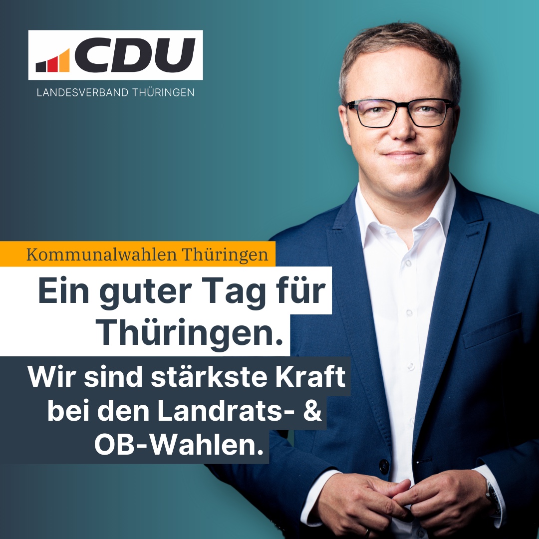 cdu_thueringen's tweet image. "Heute ist ein guter Tag für Thüringen!" 
@mariovoigt zum ersten Wahlgang bei der #Kommunalwahl in #Thüringen 
👇
cdu-thueringen.de/aktuelles/2024… #cdu