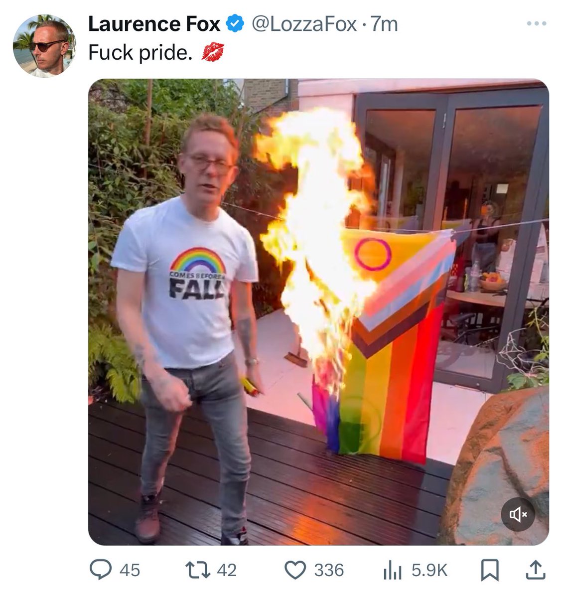 this man is spending his birthday - which happens to fall on a bank holiday sunday - at home burning pride flags. pathetic and sad little life.