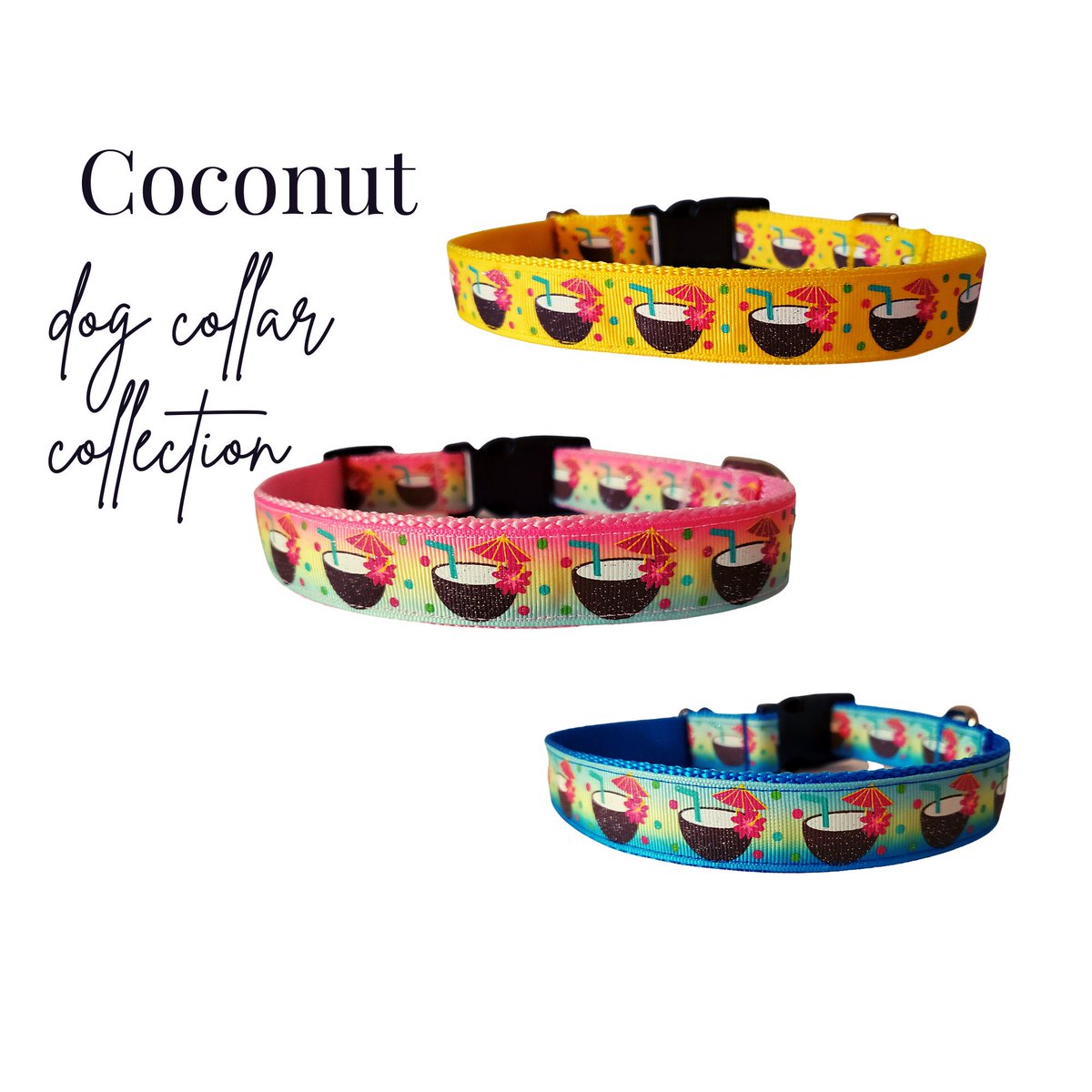 Coconut drinks themed dog collar. If you love #coconuts and #dogs, this collar allows you to bring them both together. #dogsoftwitter #craftbizparty #HandmadeHour #etsyhandmade #inbizhour designsbycristal.etsy.com/listing/118297…